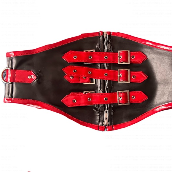 Red - Black leather waist belt corset